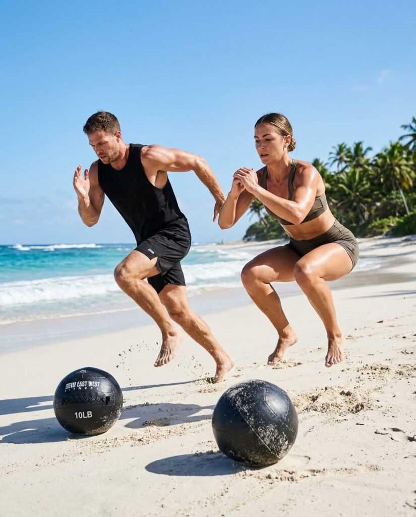 Partner conditioning with slam balls on the beach