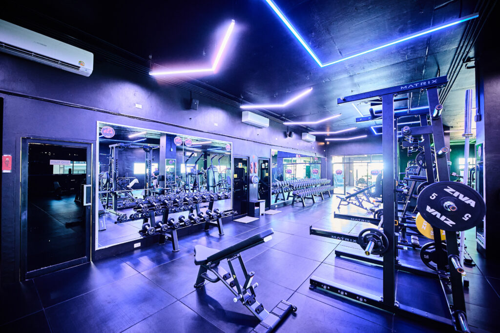 The air-conditioned weights floor with full strength equipment